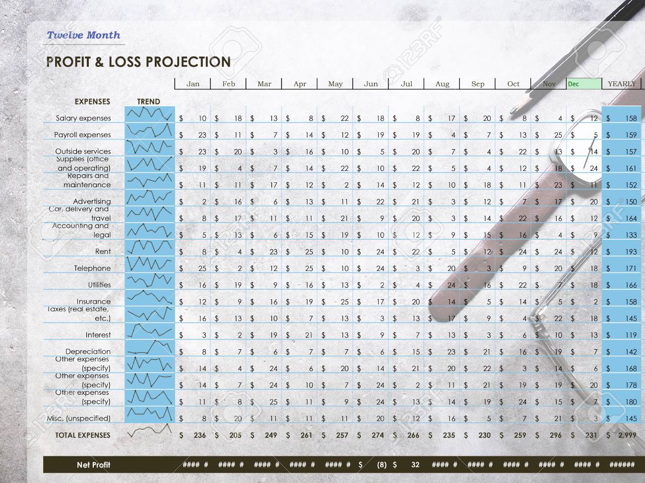 twelve month profit loss projection on workplace background