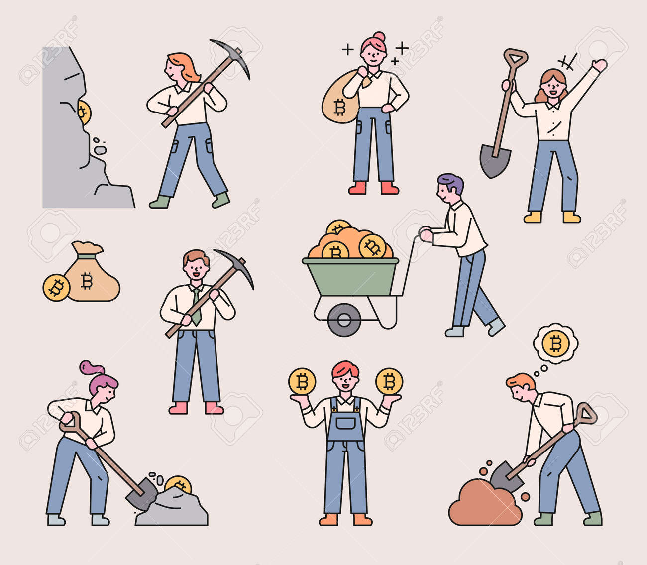 鉱夫のキャラクターはビットコイン鉱山でコインを採掘します。フラットなデザインスタイルの最小限のベクトル図。のイラスト素材・ベクター Image  167437851