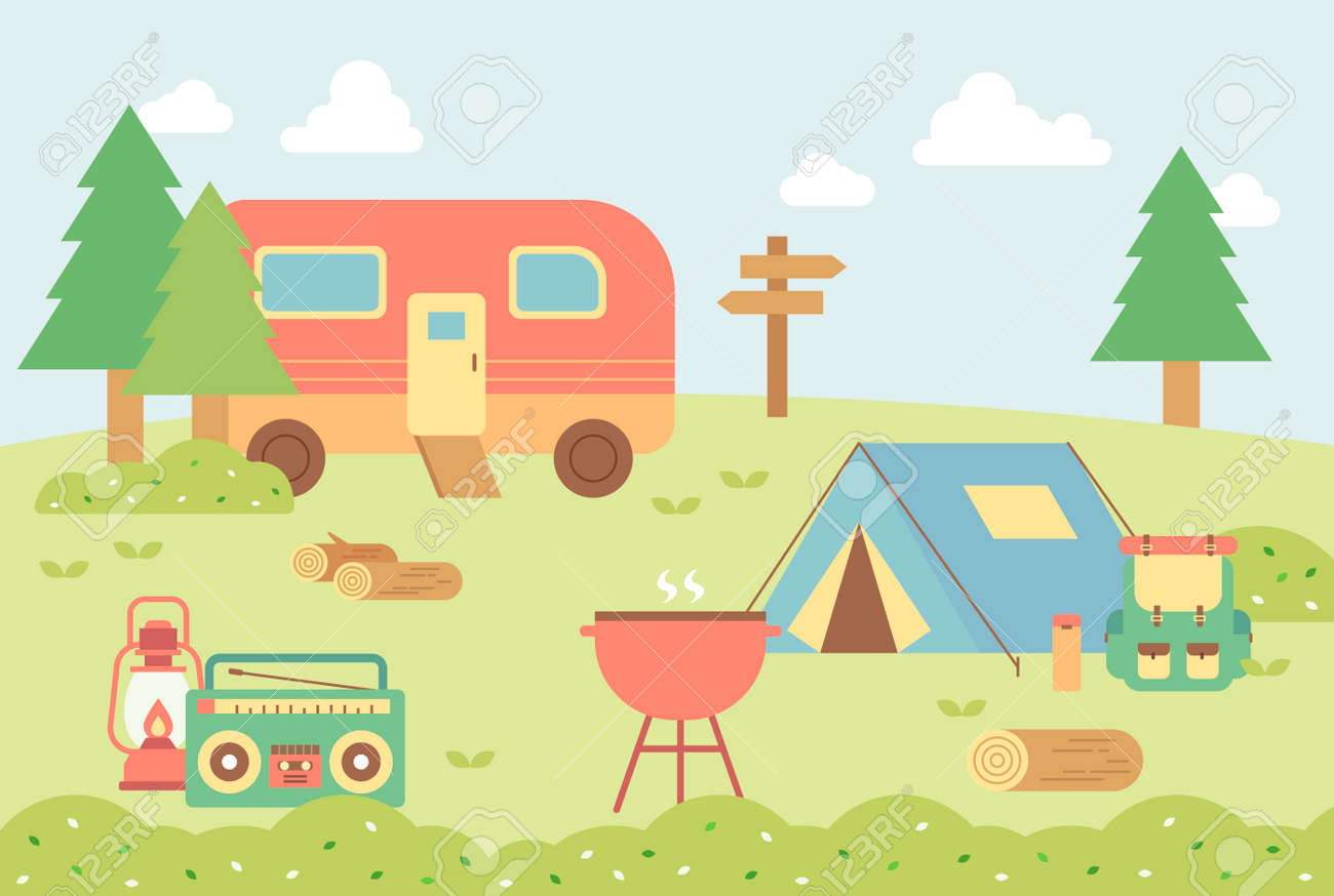 Campsite In Nature. There Are Caravans, Tents And Camping Equipment. Flat  Design Style Minimal Vector Illustration. Royalty Free SVG, Cliparts,  Vectors, and Stock Illustration. Image 171706791., image size:1300x874