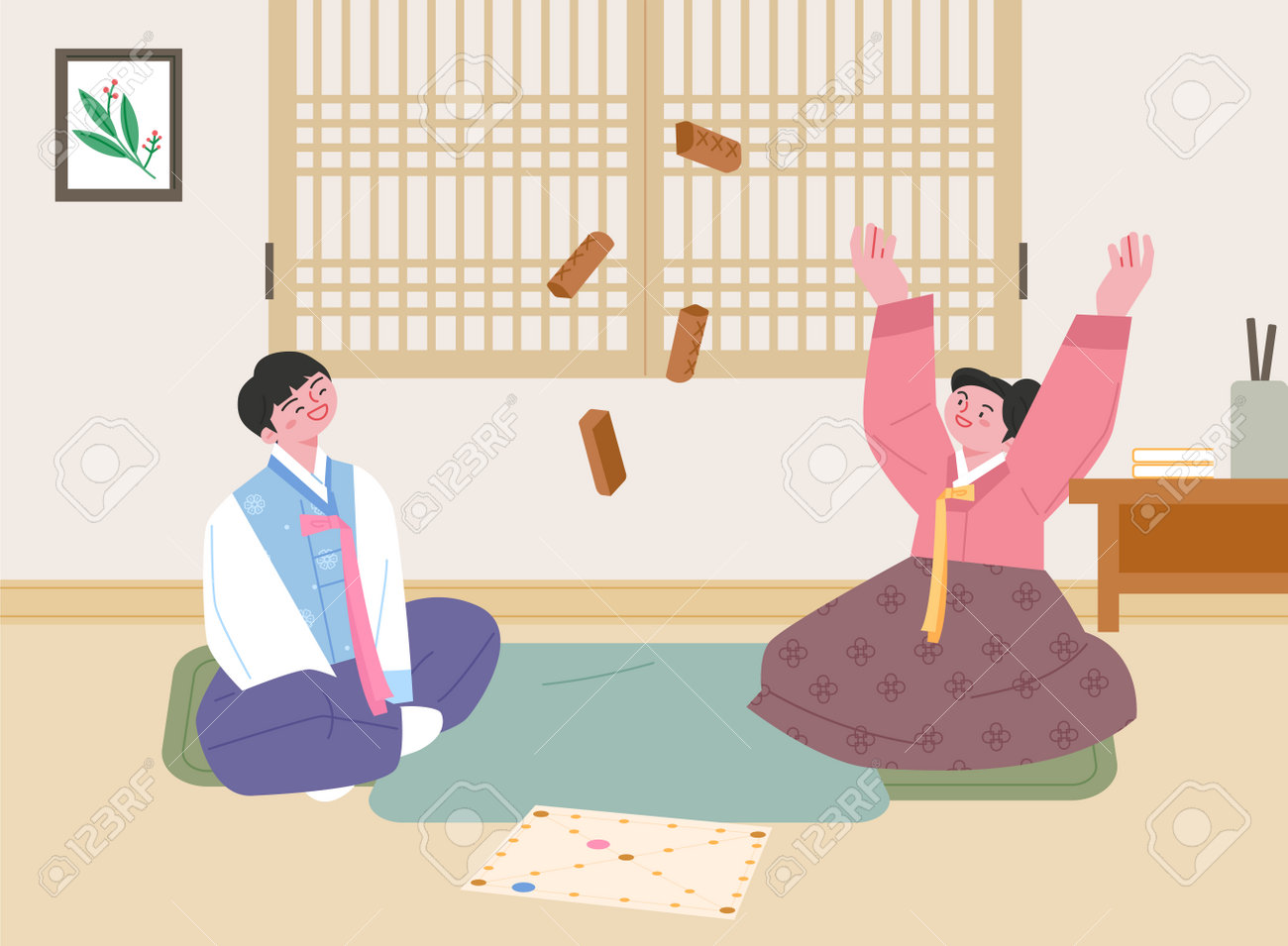 한국 전통 놀이. 한복을 입은 두 남녀가 방에서 윷놀이를 하고 있다. 플랫 벡터 일러스트 레이 션. 로열티 무료 사진, 그림, 이미지  그리고 스톡포토그래피. Image 195420270