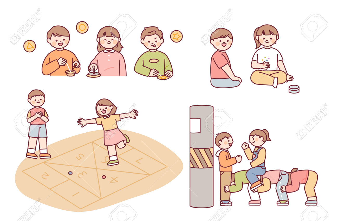 韓国の子供ゲーム。ダルゴナ、石けり遊び、ファイブストーンゲーム、パイルゲーム。のイラスト素材・ベクター Image 196984306