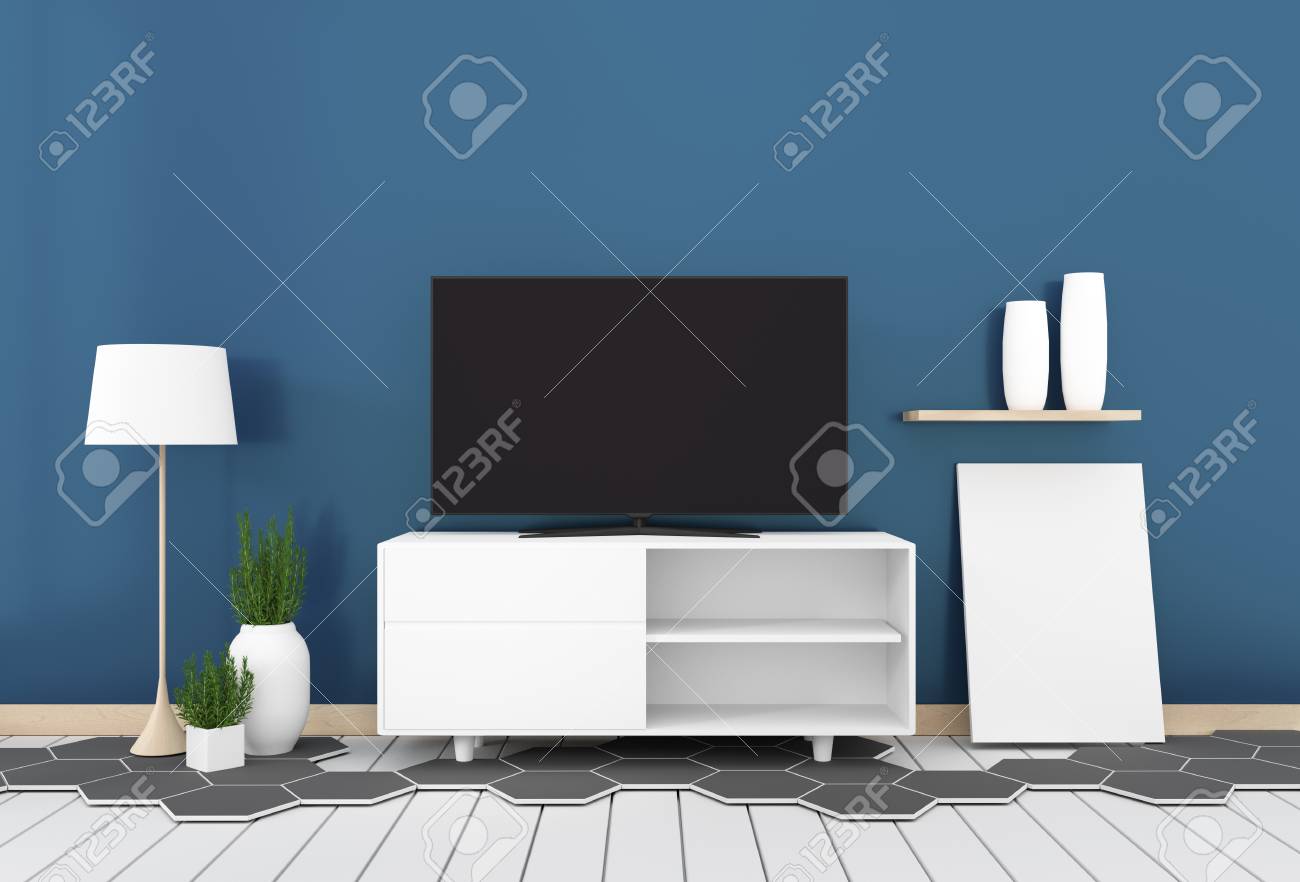 Smart Tv With Blank Black Screen Hanging On Cabinet Design Modern