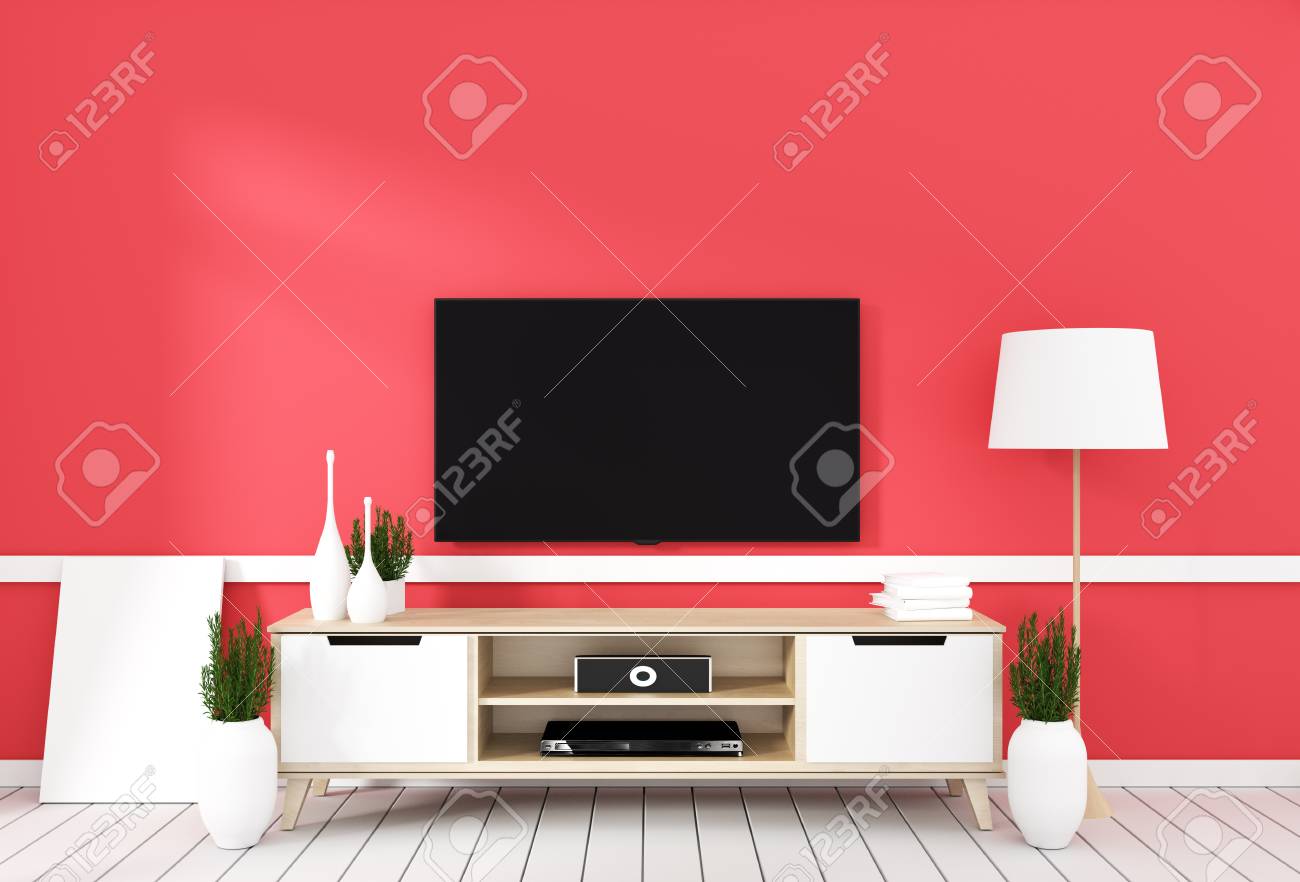 Tv On Cabinet In Modern Living Room With Lamp Plant On Red Wall Stock Photo Picture And Royalty Free Image Image 117462185