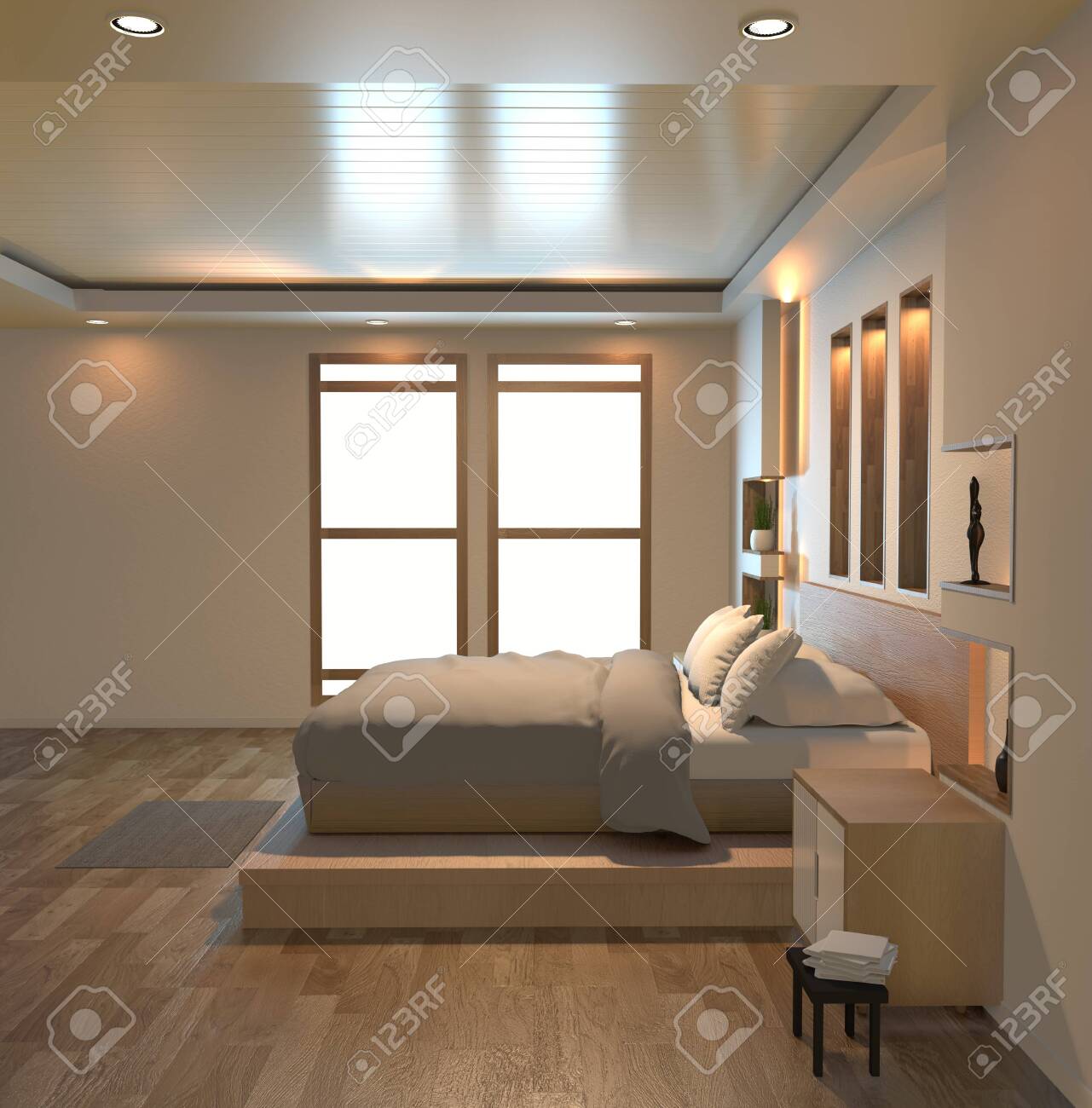 Modern Zen Peaceful Bedroom Japan Style Bedroom With Shelf Wall