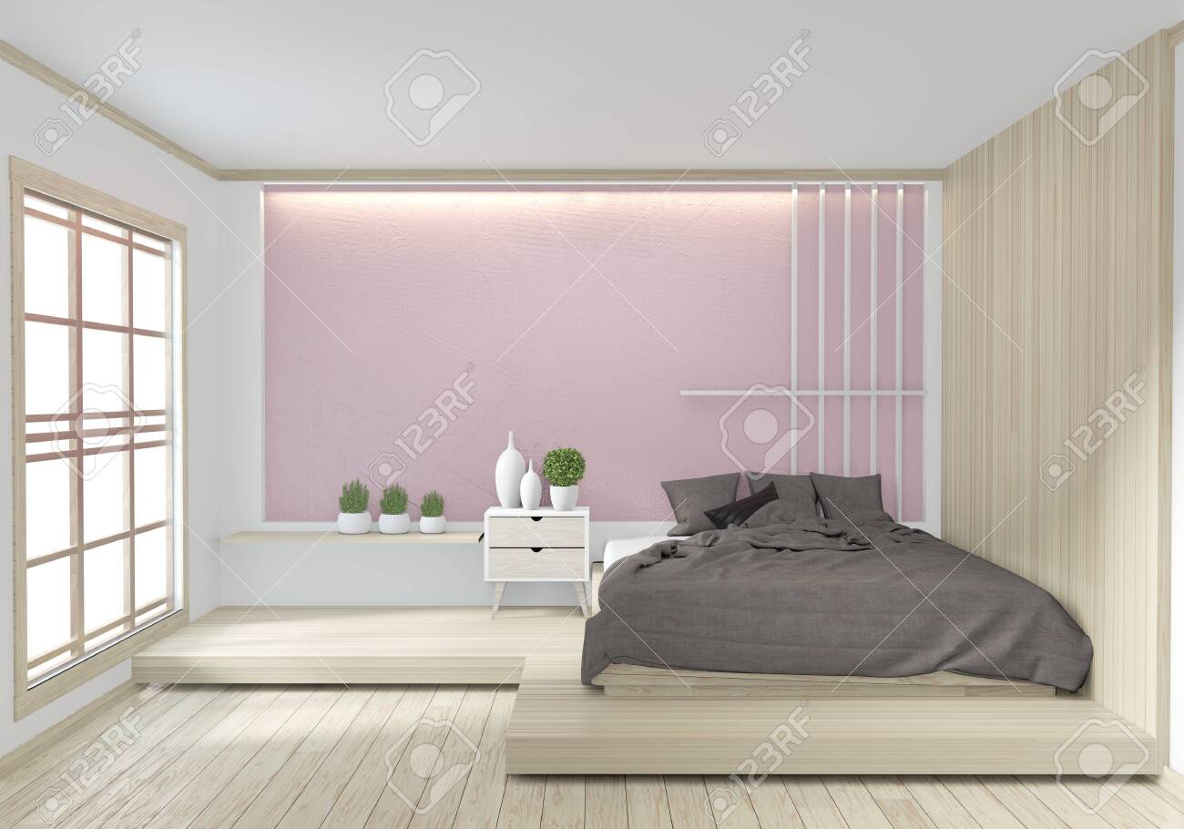 Bed Room Pink Color Japanese Interior Design 3d Rendering
