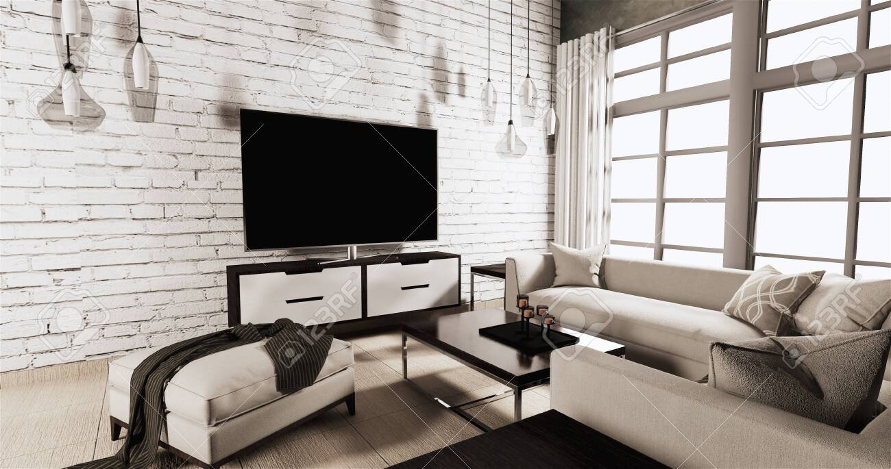 Smart Tv On Cabinet In Living Room Loft Style With White Brick Stock Photo Picture And Royalty Free Image Image 135055890