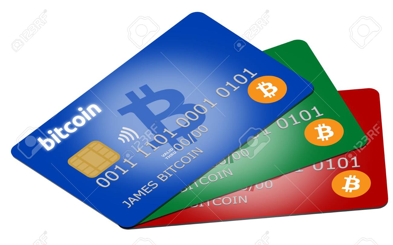 Red, Green And Blue Bitcoin Credit Or Debit Cards Supporting Wireless  Payments With The Popular Cryptocurrency Stock Photo, Picture and Royalty  Free Image. Image 91941231.