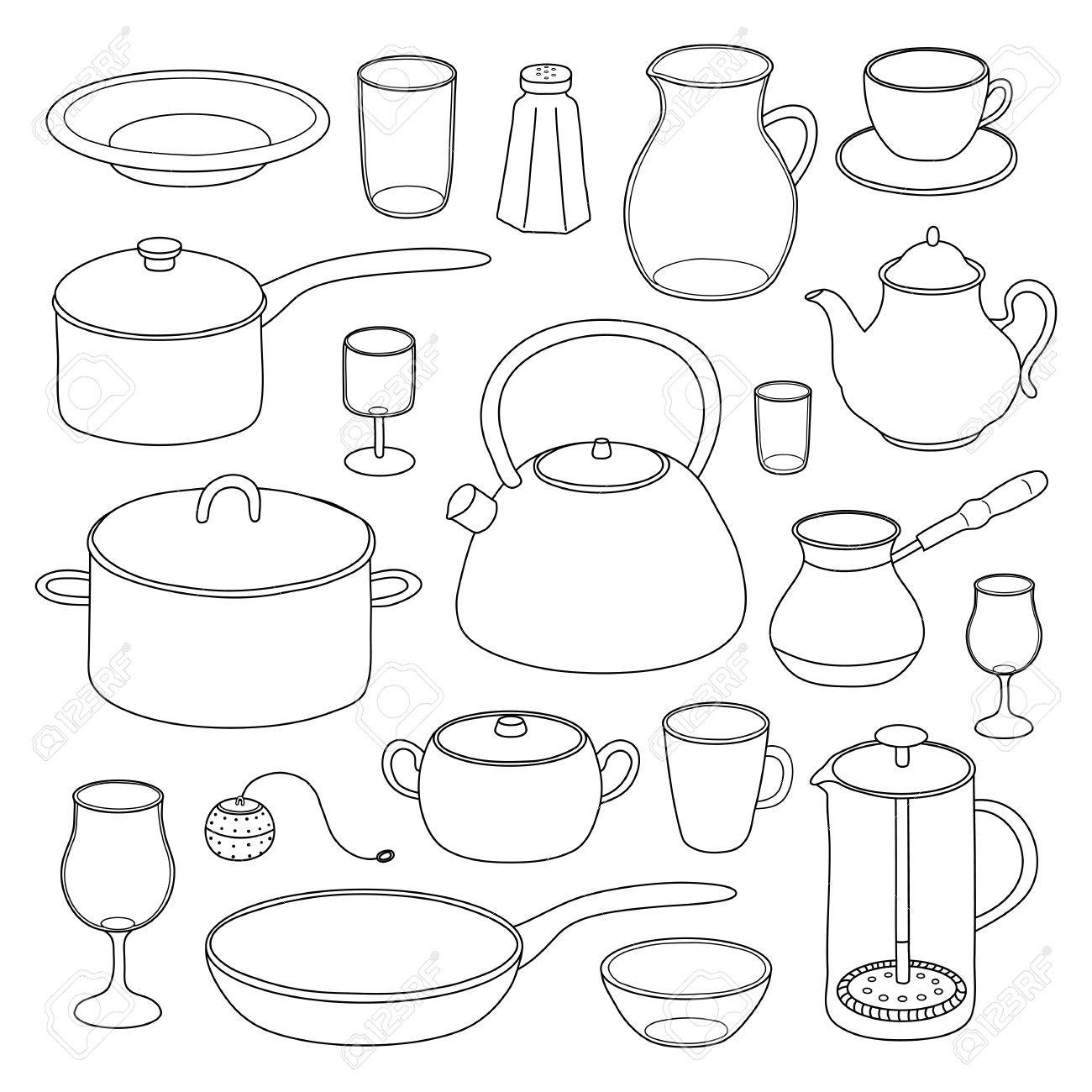 White Kitchen Utensils hand drawn outline kitchen utensils and dishes isolated on white White Kitchen Utensils hand drawn outline kitchen utensils and dishes isolated on white