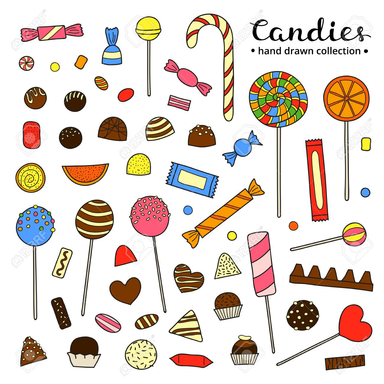 De Dibujado A Mano Caramelos Colores Incluyendo El Chocolate, Jalea, Polo, Frutas Aisladas Sobre Fondo Blanco. Ilustraciones Svg, Vectoriales, Clip Art Vectorizado Libre De Derechos. Image