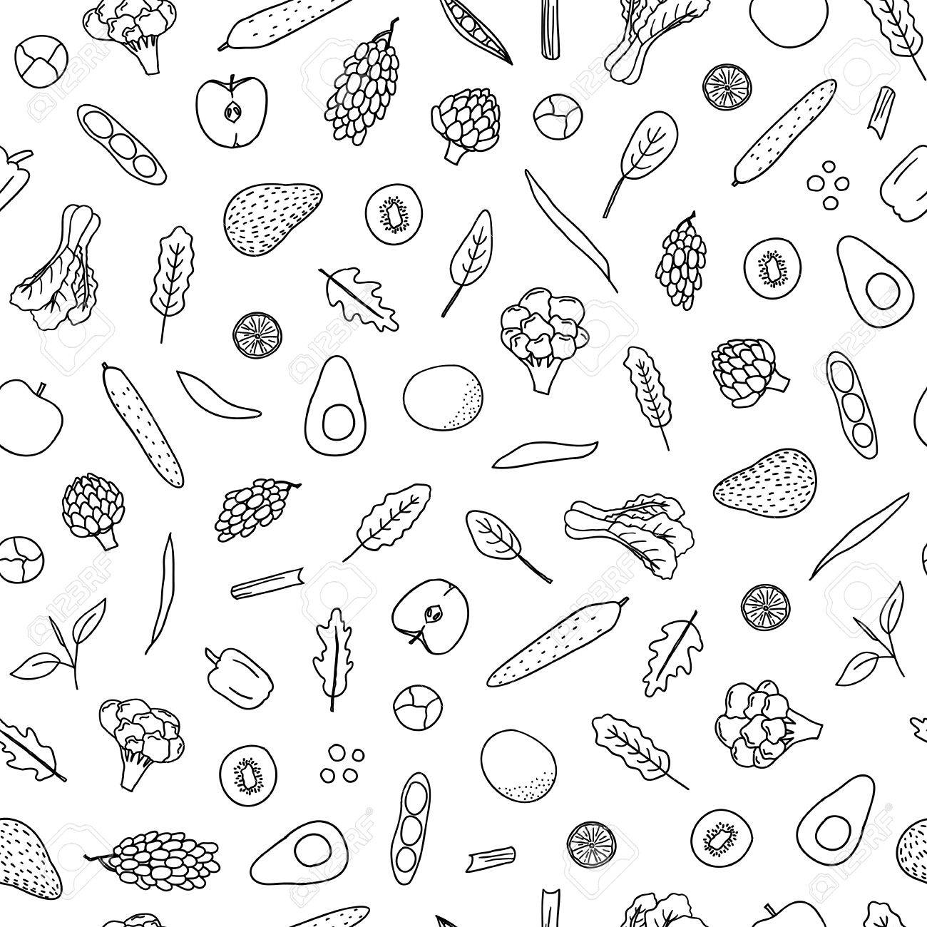 Black And White Seamless Pattern With Hand Drawn Outline Vegetables And  Fruits. Royalty Free SVG, Cliparts, Vectors, and Stock Illustration. Image  68870852., image size:1300x1300