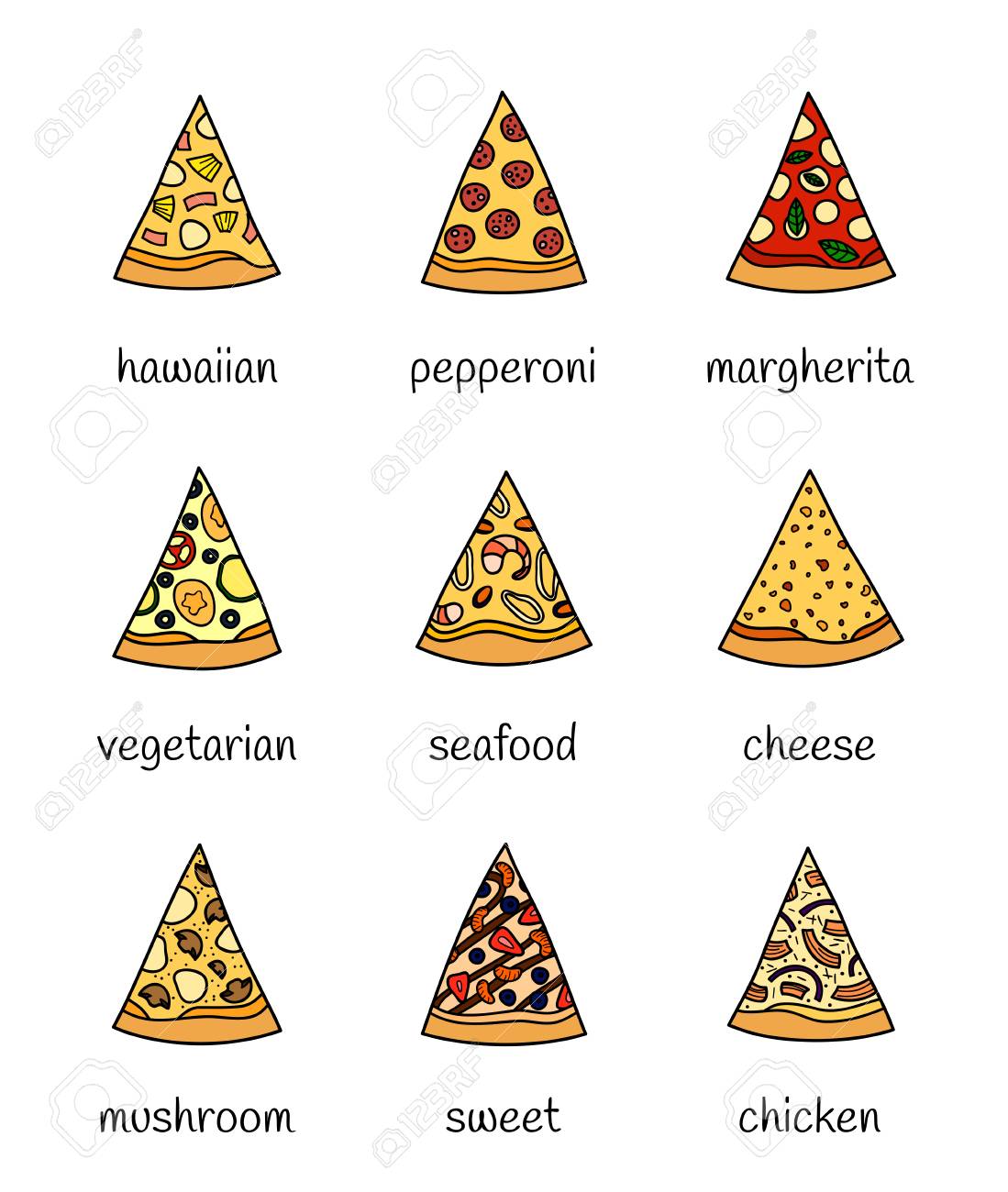 set of different doodle colored pizza slices isolated on white