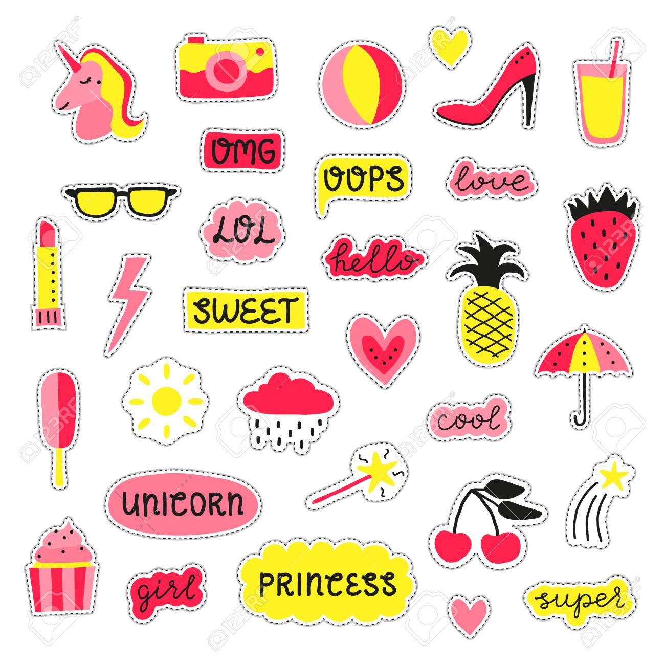 Collection Of Girly Pop Stickers, Patches, Pins In Pink And Yellow Colors  Isolated On White Background. Royalty Free SVG, Cliparts, Vectors, and  Stock Illustration. Image 114881254.