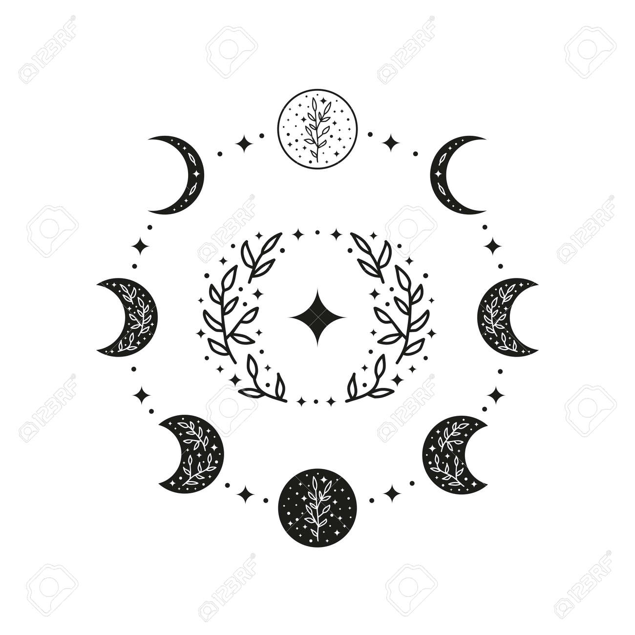 手描きの黒い天体の花の月の満ち欠け、白い背景で隔離された円の緑豊か  