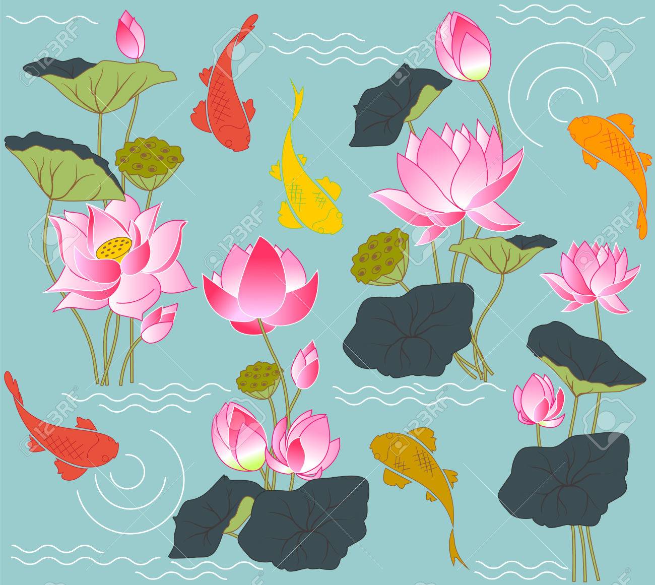 Bloemen En Bladeren Van De Lotus En Koi Karper Seamless Illustratie Royalty Vrije Cliparts Vectoren En Stock Illustratie Image