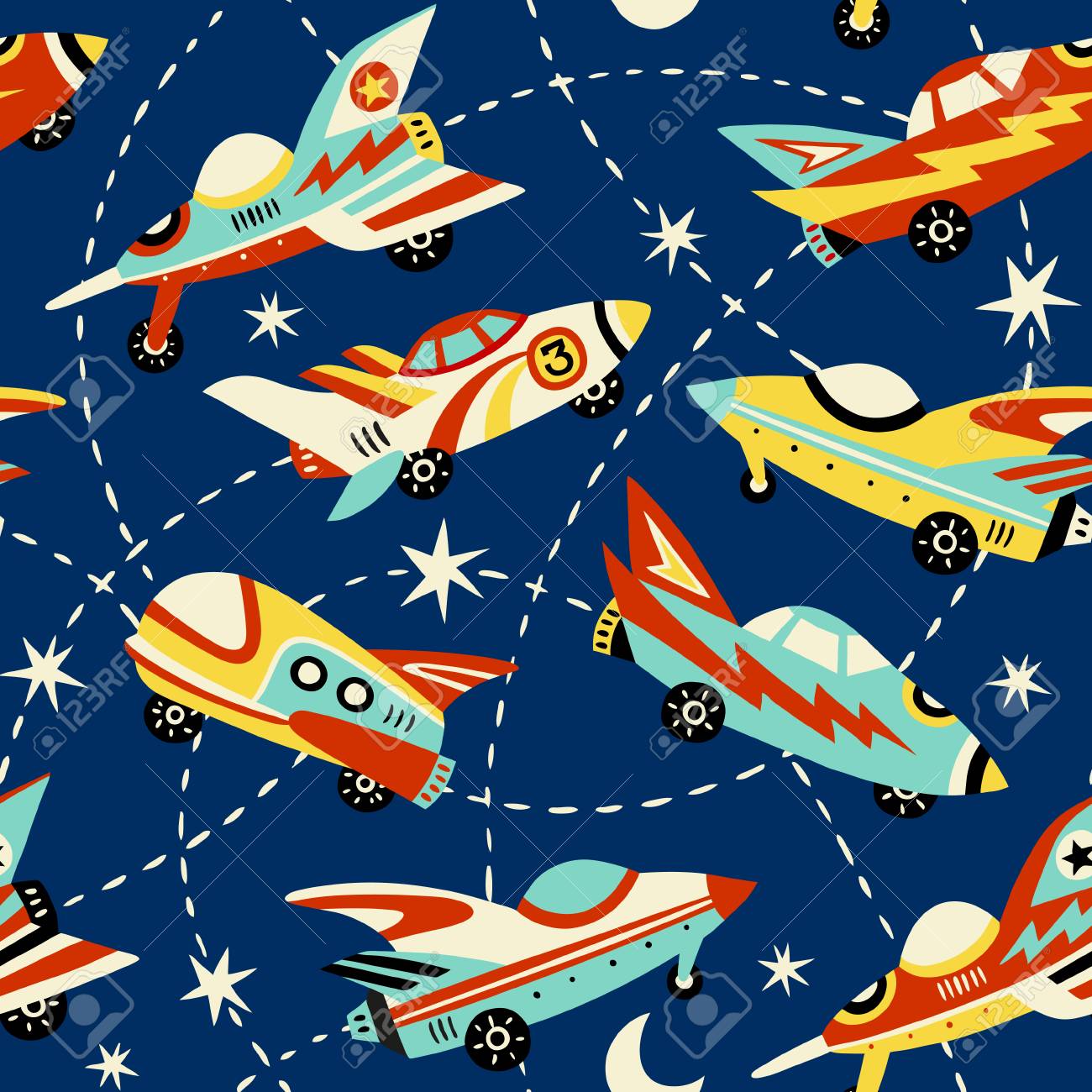 Vintage Space Cars Seamless Vector Pattern On Dark Blue Background Cute Hand Drawn Cars Rockets Stars And Moon Perfect For Fabric Wallpaper Or Wrapping Paper Royalty Free Cliparts Vectors And Stock Illustration