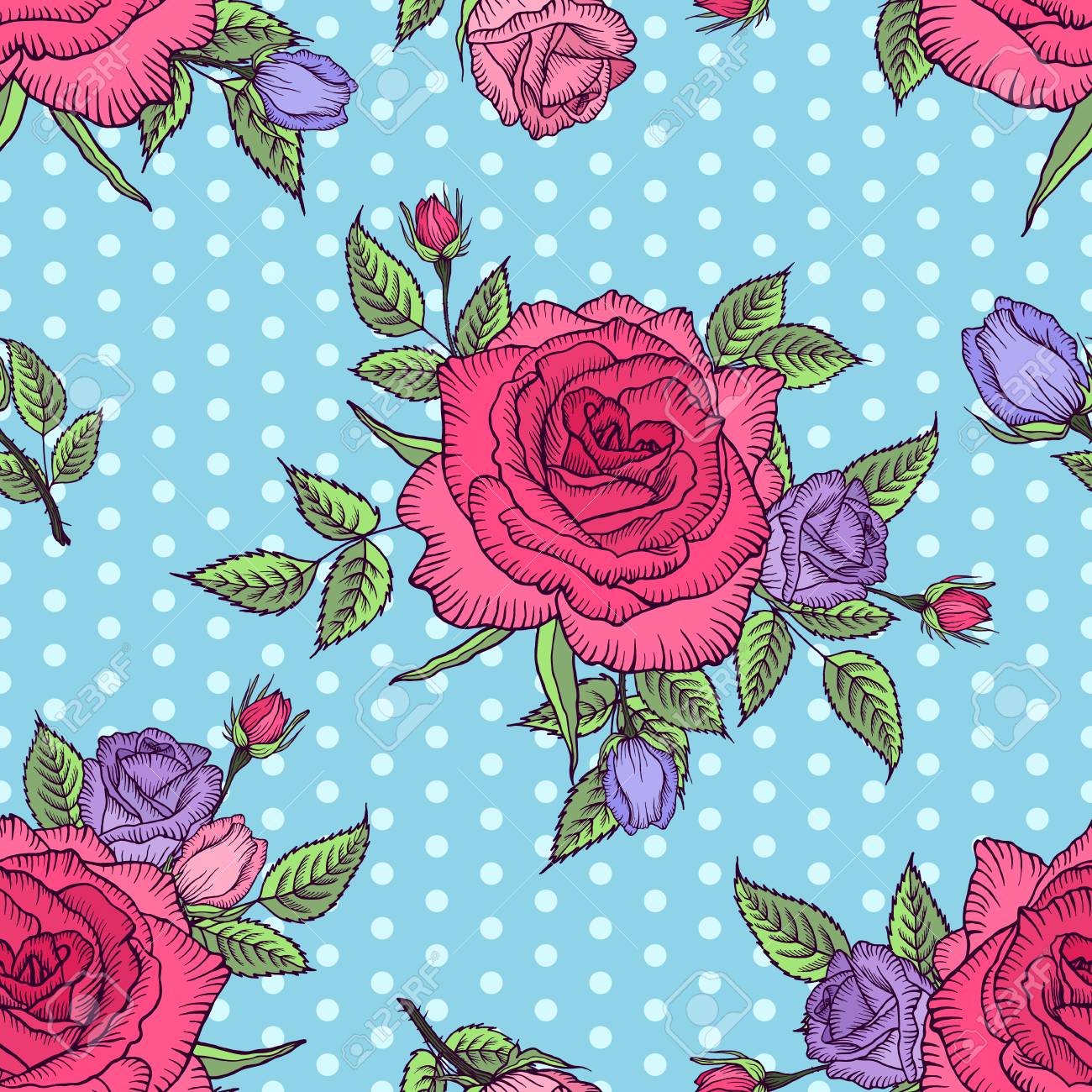 シームレスな花柄は 水玉模様の青い背景に上昇しました ピンクとライラック ローズ バラの花模様 カード 母の日 結婚式 誕生日 繊維 Web 壁紙デザインします のイラスト素材 ベクタ Image
