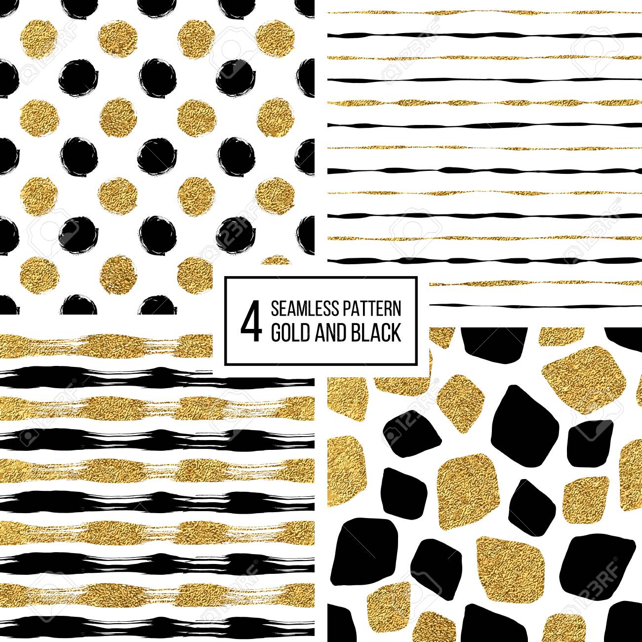 set of grunge seamless pattern of black gold stripes polka dots stripes with polka dots