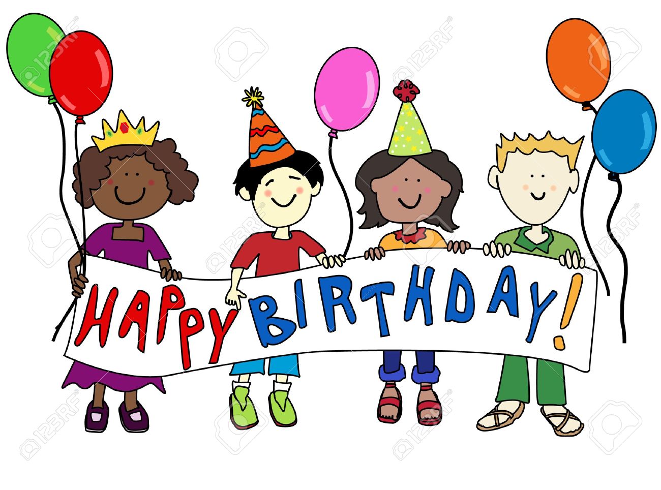 happy multicultural cartoon kids holding a happy birthday banner