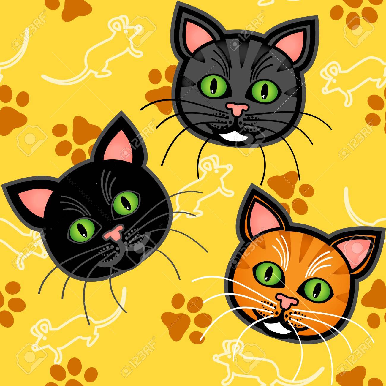 Seamless Des Chats Mignons Et Amusants Dessins Animes Graphique Avec Du Bleu Ou Gris Et Tigre Orange Et Un Noir Un Avec Des Souris Et Des Empreintes De Pattes Sur Fond Jaune