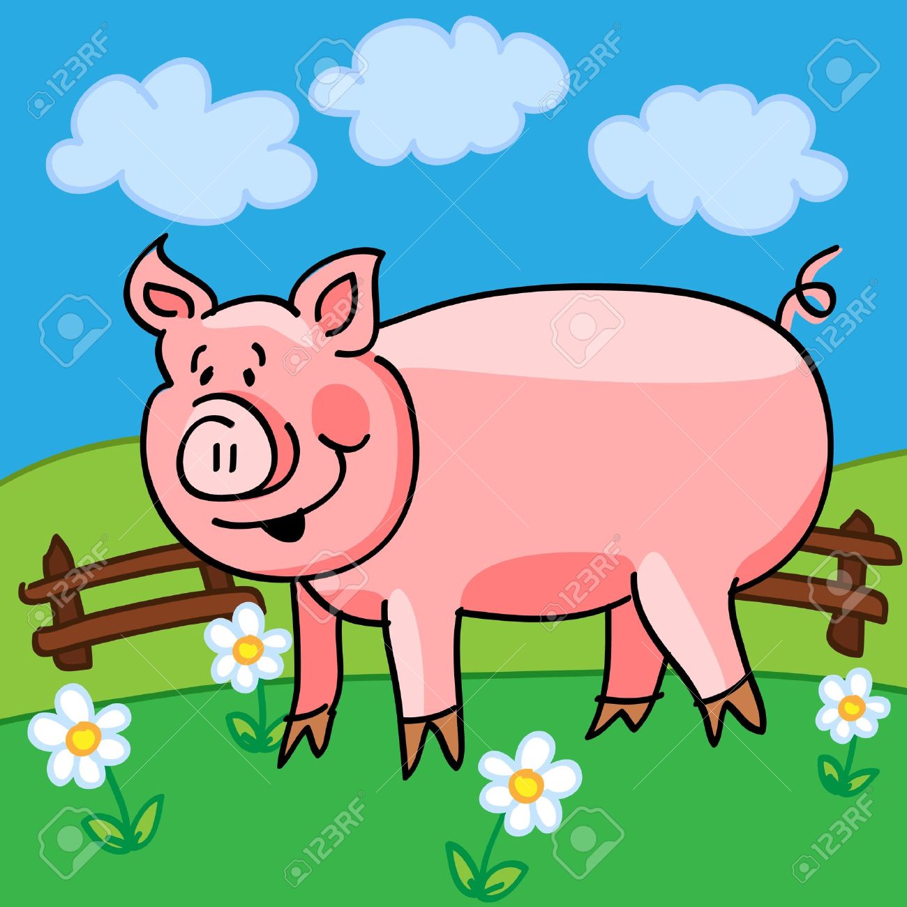 Cute And Fun Cartoon Pig In A Green Field With Flowers And Fence. Royalty  Free SVG, Cliparts, Vectors, and Stock Illustration. Image 11882541., image size:1300x1300