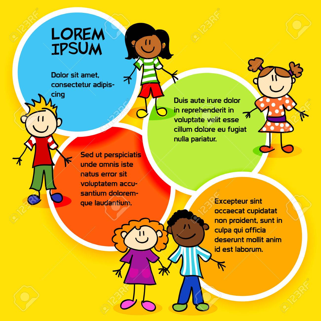 cartoon stick figures kids with color circles for text ad template