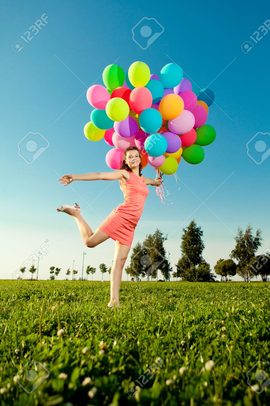 Happy Birthday Girl Against The Sky With Rainbow-colored Air ...