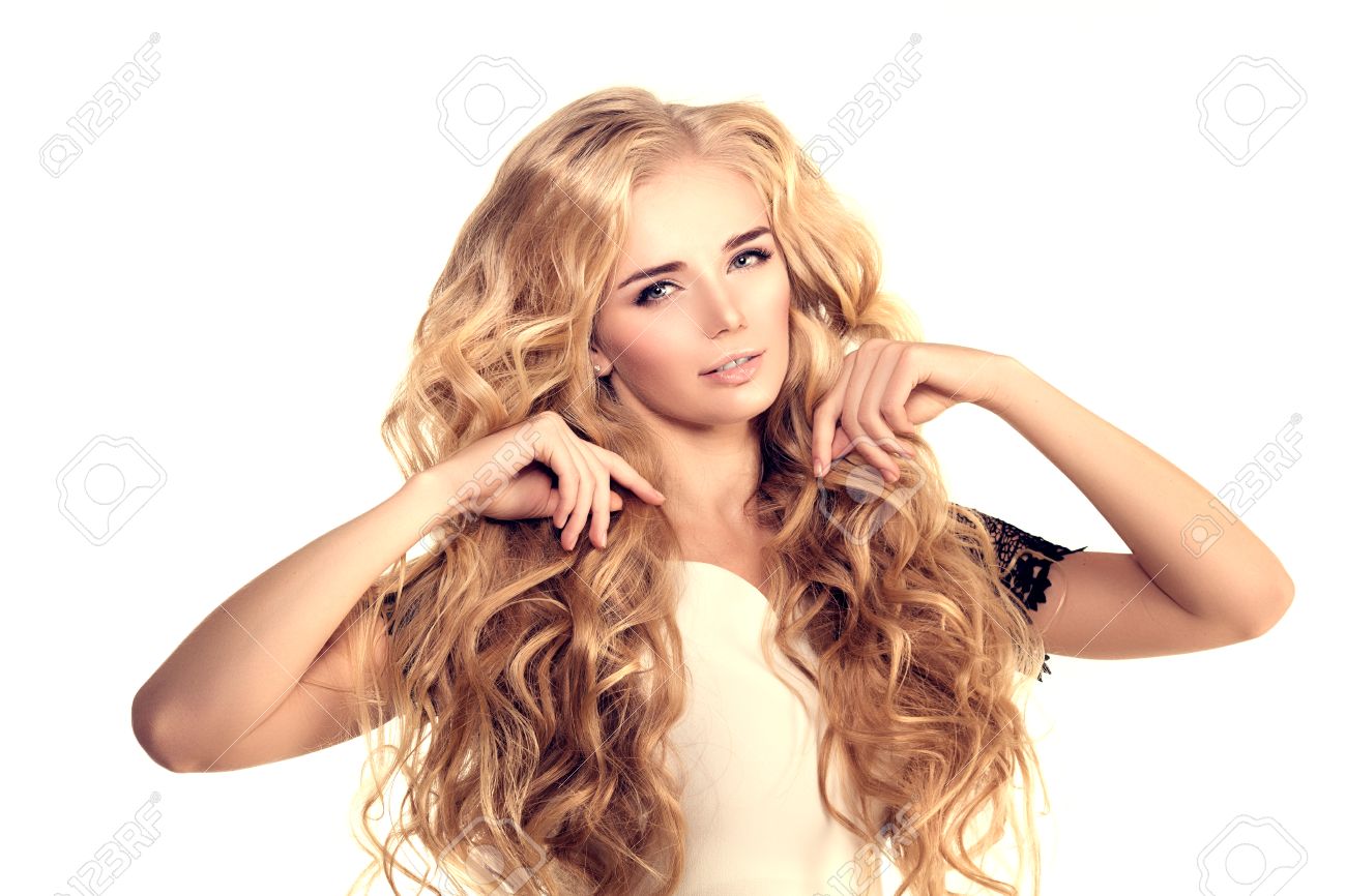 Model With Long Hair Blonde Waves Curls Hairstyle Hair Salon
