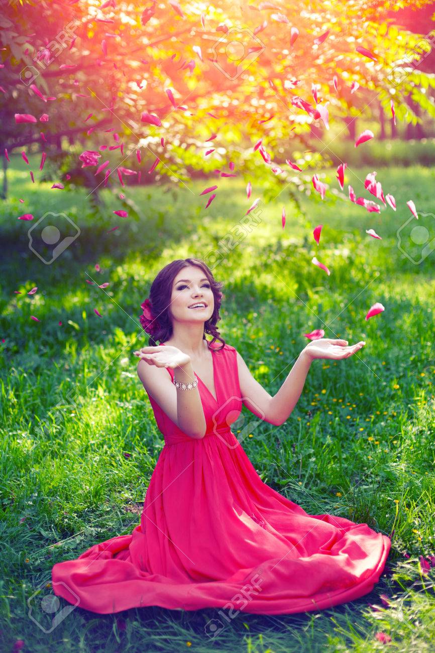 smiling girl natural beauty, lovely female walking spring nature, portrait  of young lovely woman in spring flowers | High-Quality People Images ~  Creative Market