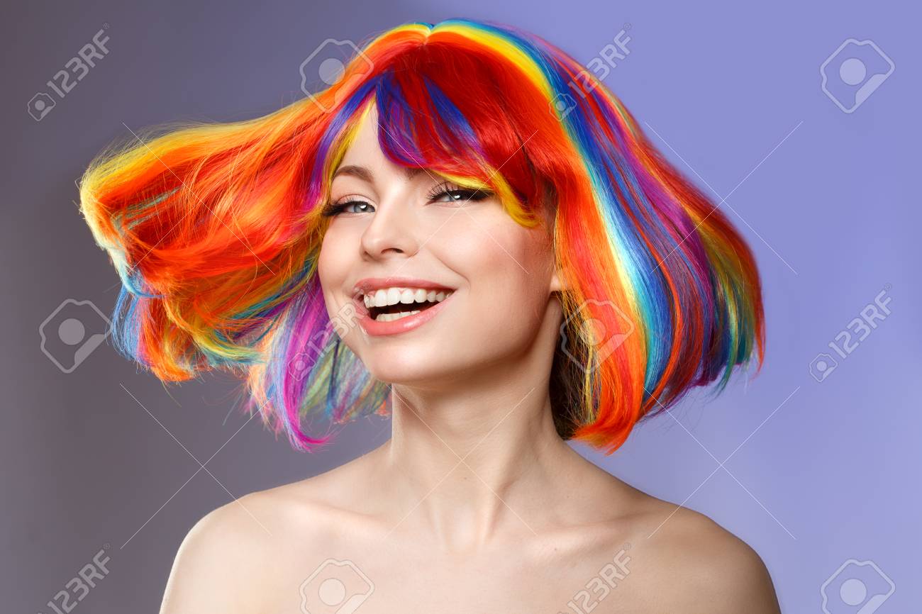 Woman Hair As Color Splash Rainbow Up Do Short Haircut Beautiful