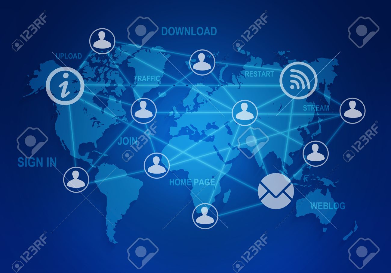 computer icons and people connection in a global network on the world map stock photo