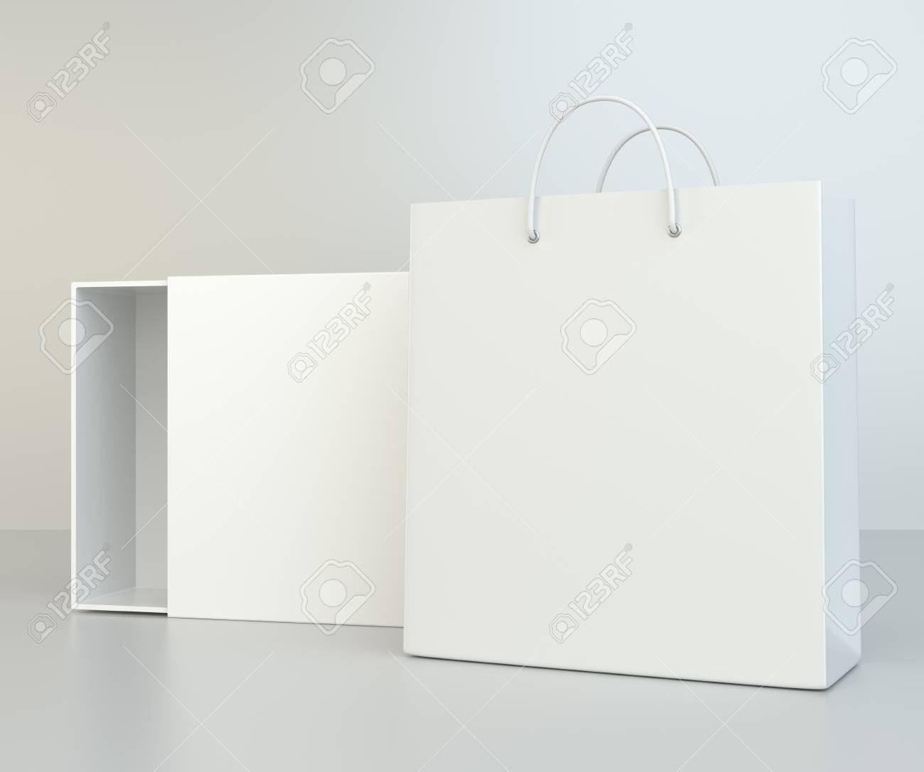 Blank Box Open And Shopping Bag On A Gray Floor 3d Rendering