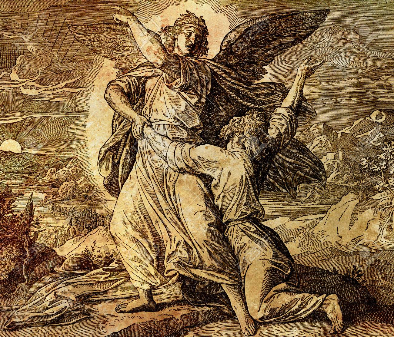 Jacob wrestling with the angel of god, graphic collage from engraving of Nazareene School, published in The Holy Bible, St.Vojtech Publishing, Trnava, Slovakia, 1937. - 75780408 Jacob wrestling with the angel of god, graphic collage from engraving of Nazareene School, published in The Holy Bible, St.Vojtech Publishing, Trnava, Slovakia, 1937. - 75780408