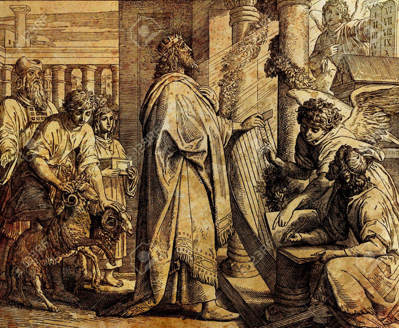 The Psalms Of King David, Graphic Collage From Engraving Of Nazareene  School, Published In The Holy Bible, St.Vojtech Publishing, Trnava,  Slovakia, 1937. Stock Photo, Picture and Royalty Free Image. Image 86867056., image size:1300x1068