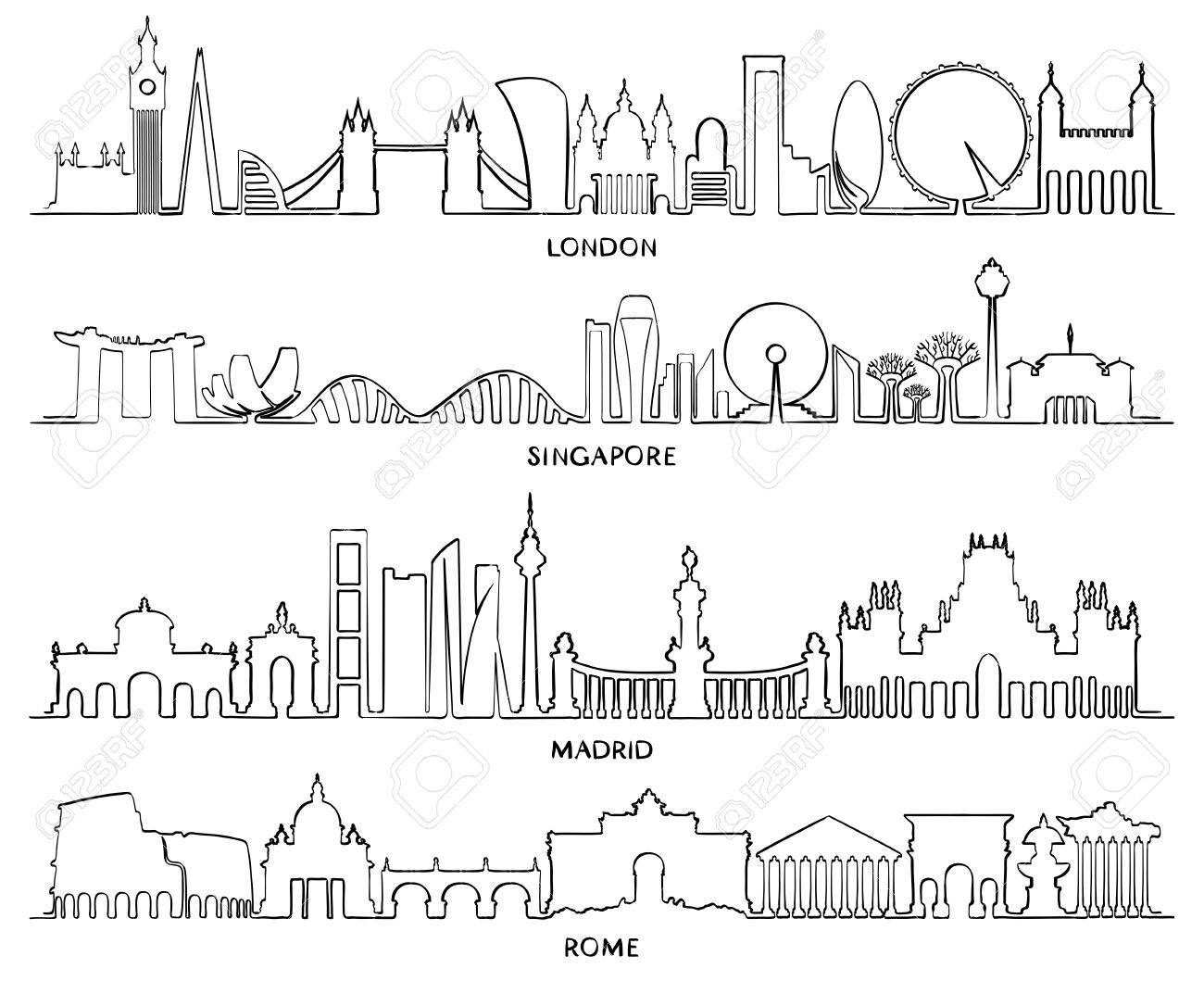 都市の景観建物ライン アート ベクトル イラスト デザイン ロンドン シンガポール マドリッド ローマ のイラスト素材 ベクタ Image 73487875