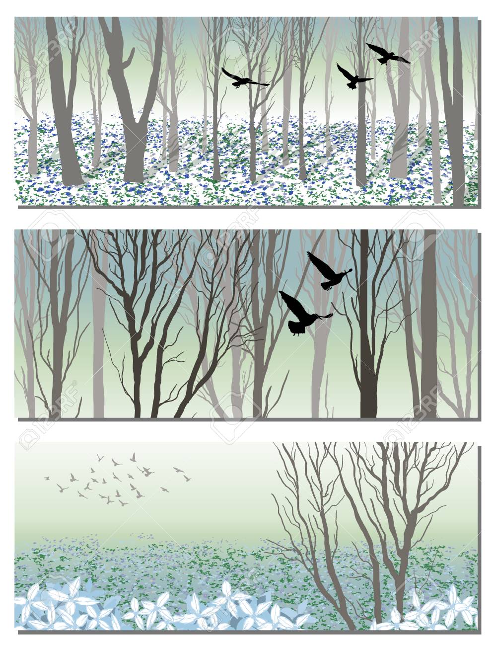 森の湧き水と自然の Bunners ベクトルの木の森と鳥の背景をシルエットします のイラスト素材 ベクタ Image 森の湧き水と自然の Bunners ベクトルの木の森と鳥の背景をシルエットします のイラスト素材 ベクタ Image