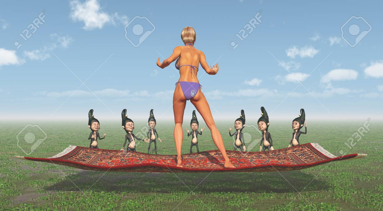 空飛ぶ絨毯と人の小人でビキニで魅力的な女性 の写真素材 画像素材 Image