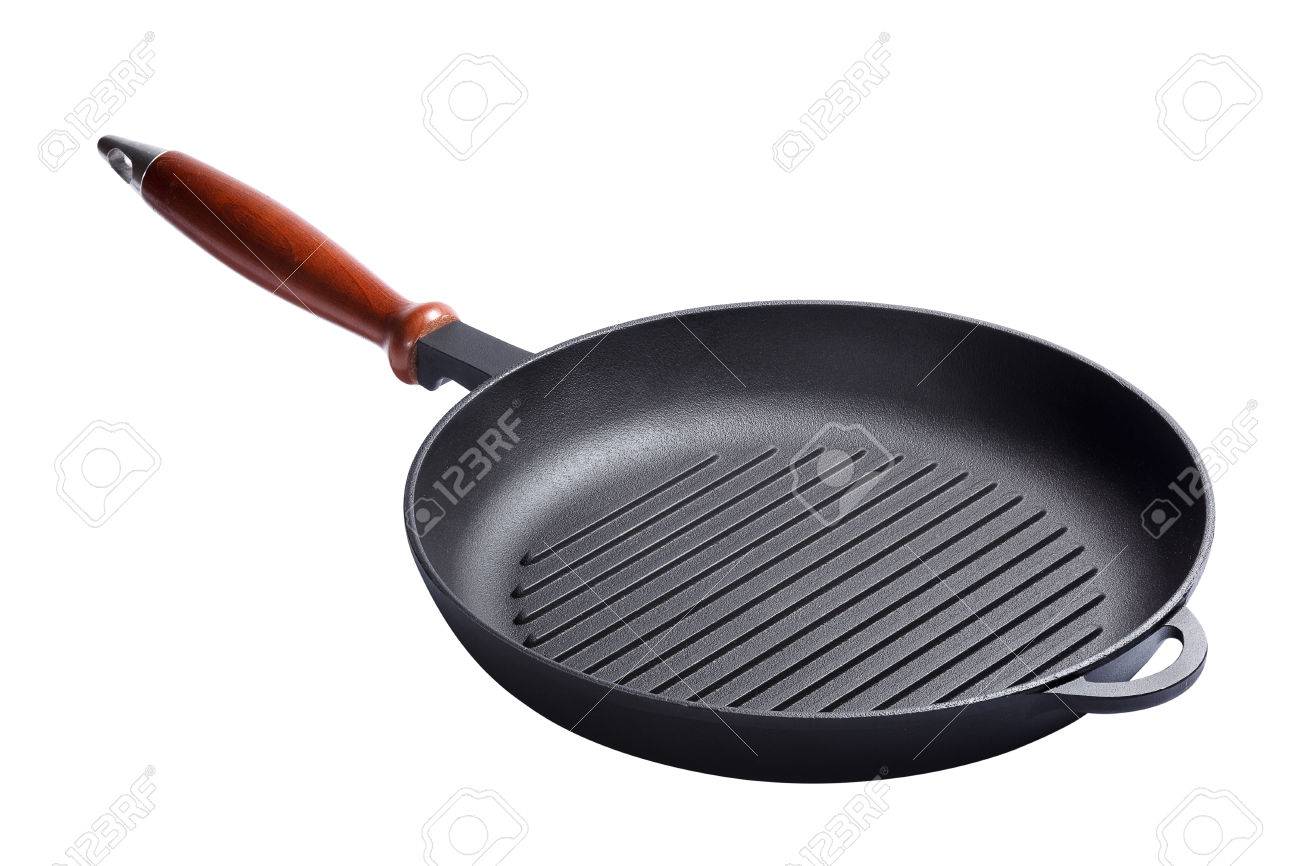 白い背景に分離された鋳鉄製のグリル鍋フライパンをフライパン の写真素材 画像素材 Image