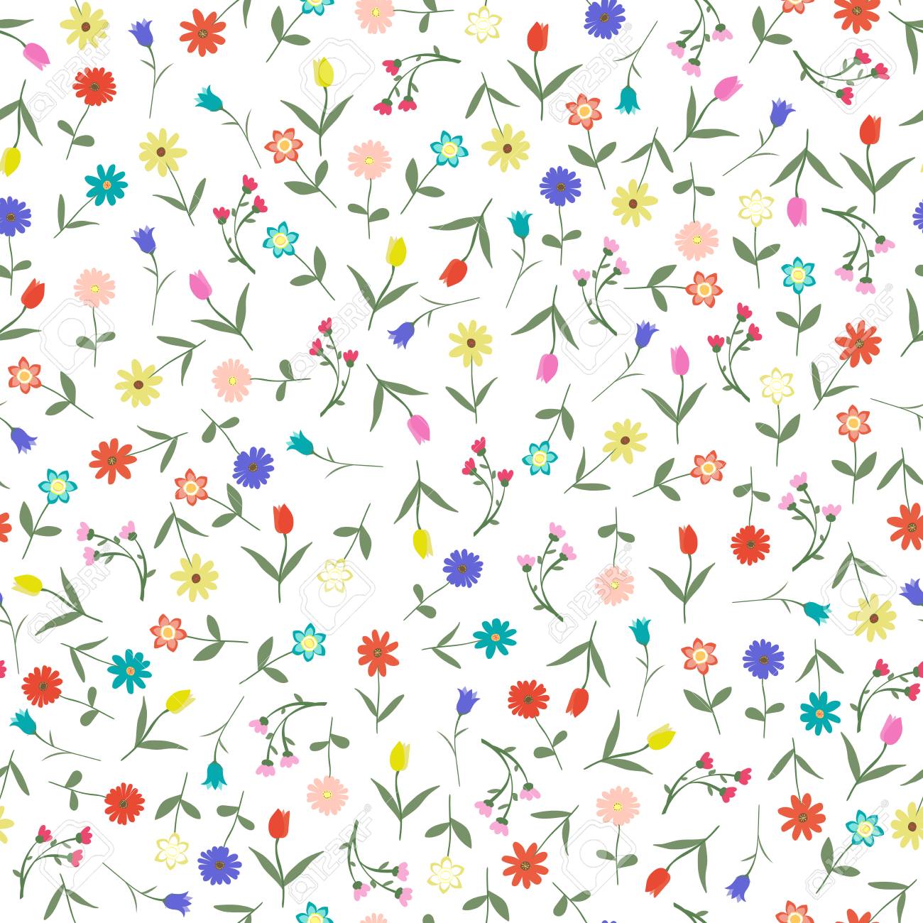 シープル手描きの花柄は 白い背景ベクトルのイラストで分離されています 多くのランダムな花 多くの色 初春または夏の花セット のイラスト素材 ベクタ Image