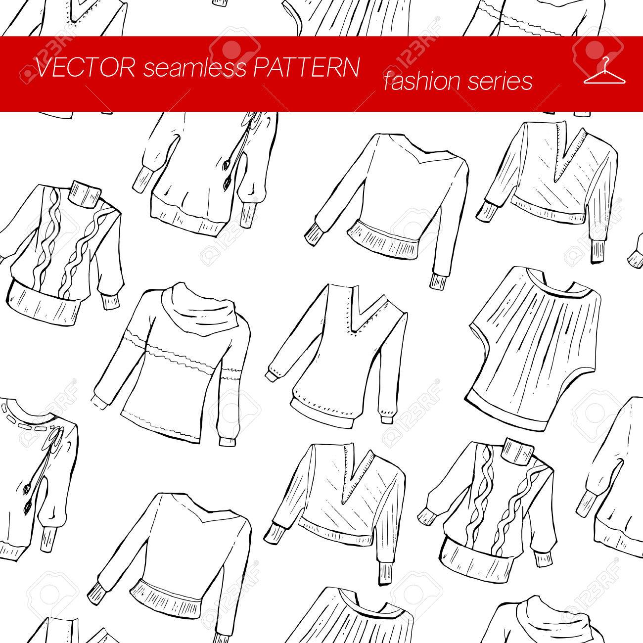 シームレス パターン ファッションを設定します さまざまなセーター ジャケット 手の描き方の図 のイラスト素材 ベクタ Image