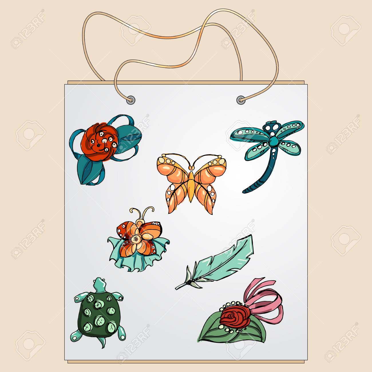 ショッピング バッグ ギフト バッグおしゃれなもののイメージで ファッションは ブローチを設定します 手の描き方の図 のイラスト素材 ベクタ Image