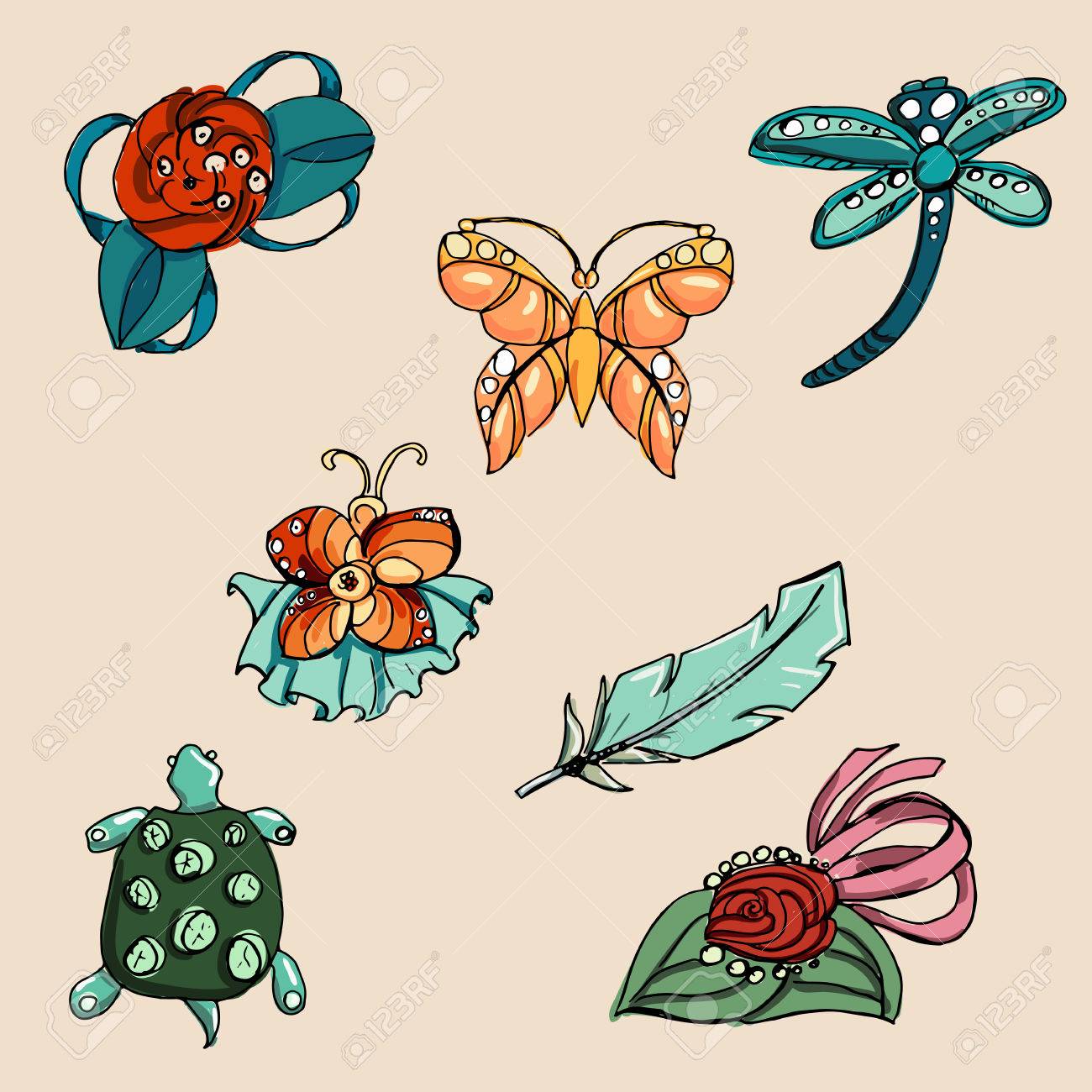 ファッションは ブローチを設定します 手の描き方の図 のイラスト素材 ベクタ Image