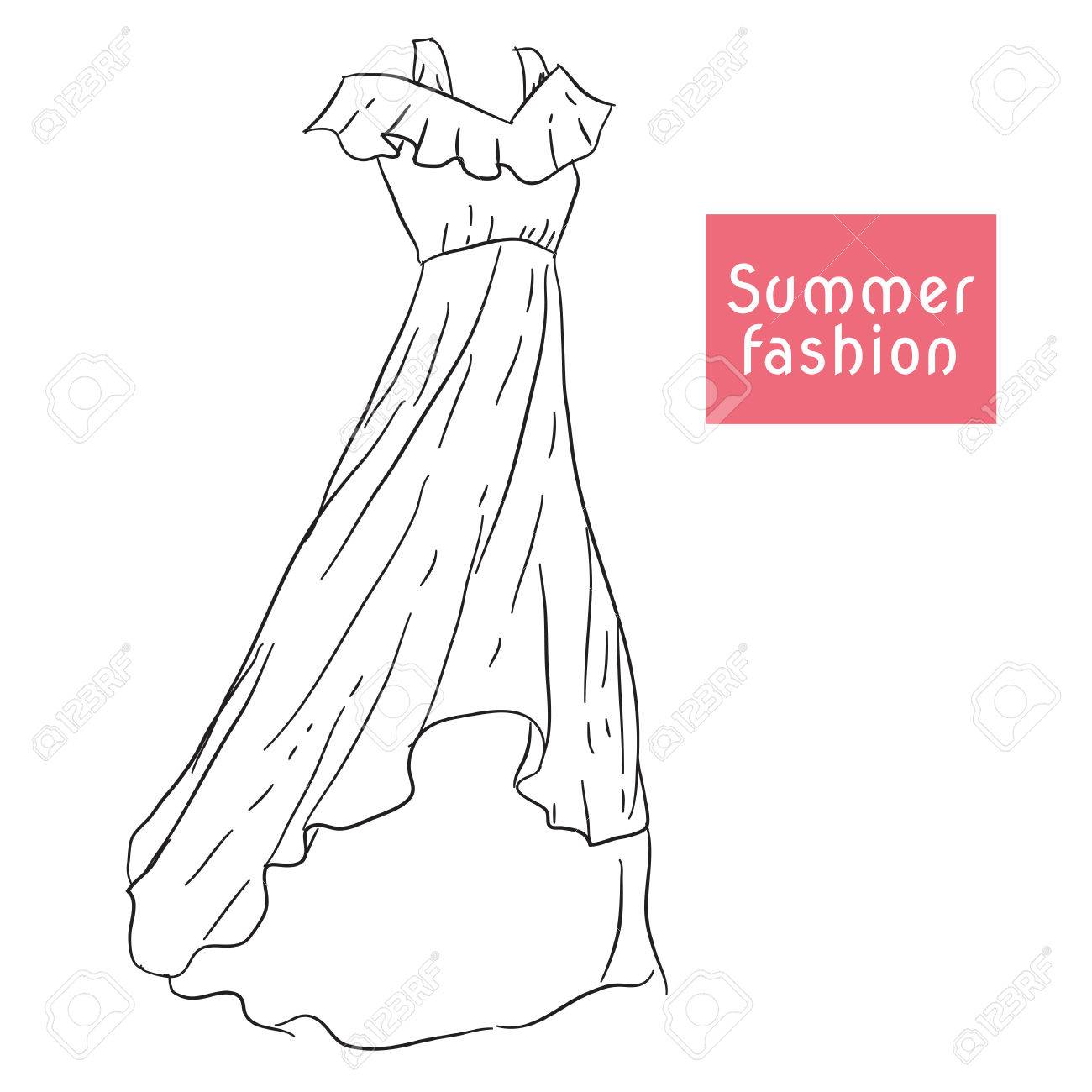 長い夏のドレス フリルと白い背景の上のストラップのサラファン のイラスト素材 ベクタ Image 長い夏のドレス フリルと白い背景の上のストラップのサラファン のイラスト素材 ベクタ Image