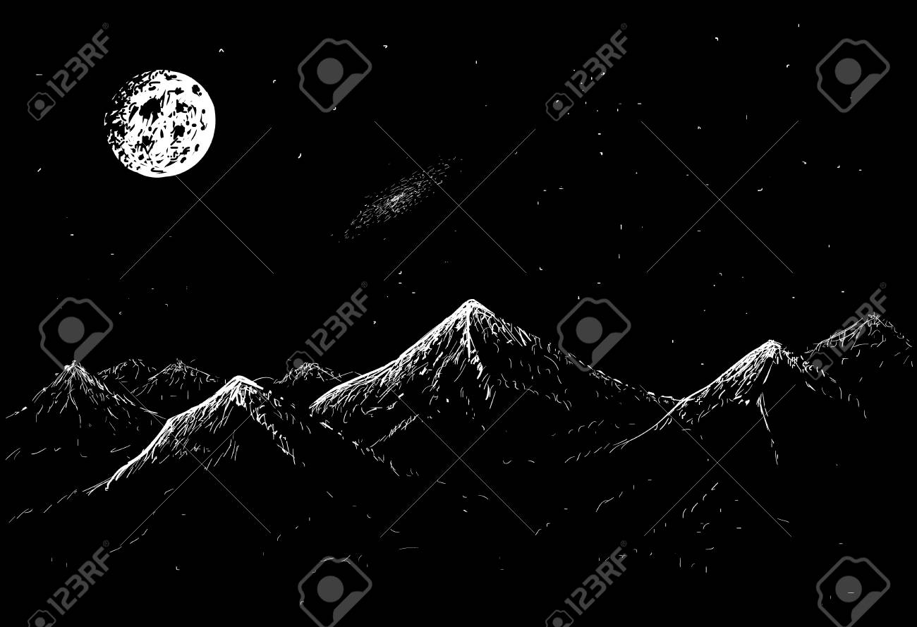 夜の月光の山の風景です ベクトル手描き下ろしイラスト のイラスト素材 ベクタ Image