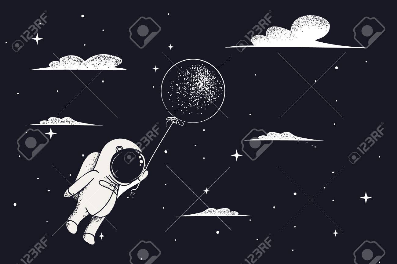 夜の空にバルーンの付いた赤ちゃん宇宙飛行士飛ぶ 雲の中の旅行します 幼稚な漫画のベクトル図のイラスト素材 ベクタ Image 夜の空にバルーンの付いた赤ちゃん宇宙飛行士飛ぶ 雲の中の旅行します 幼稚な漫画のベクトル図のイラスト素材 ベクタ Image