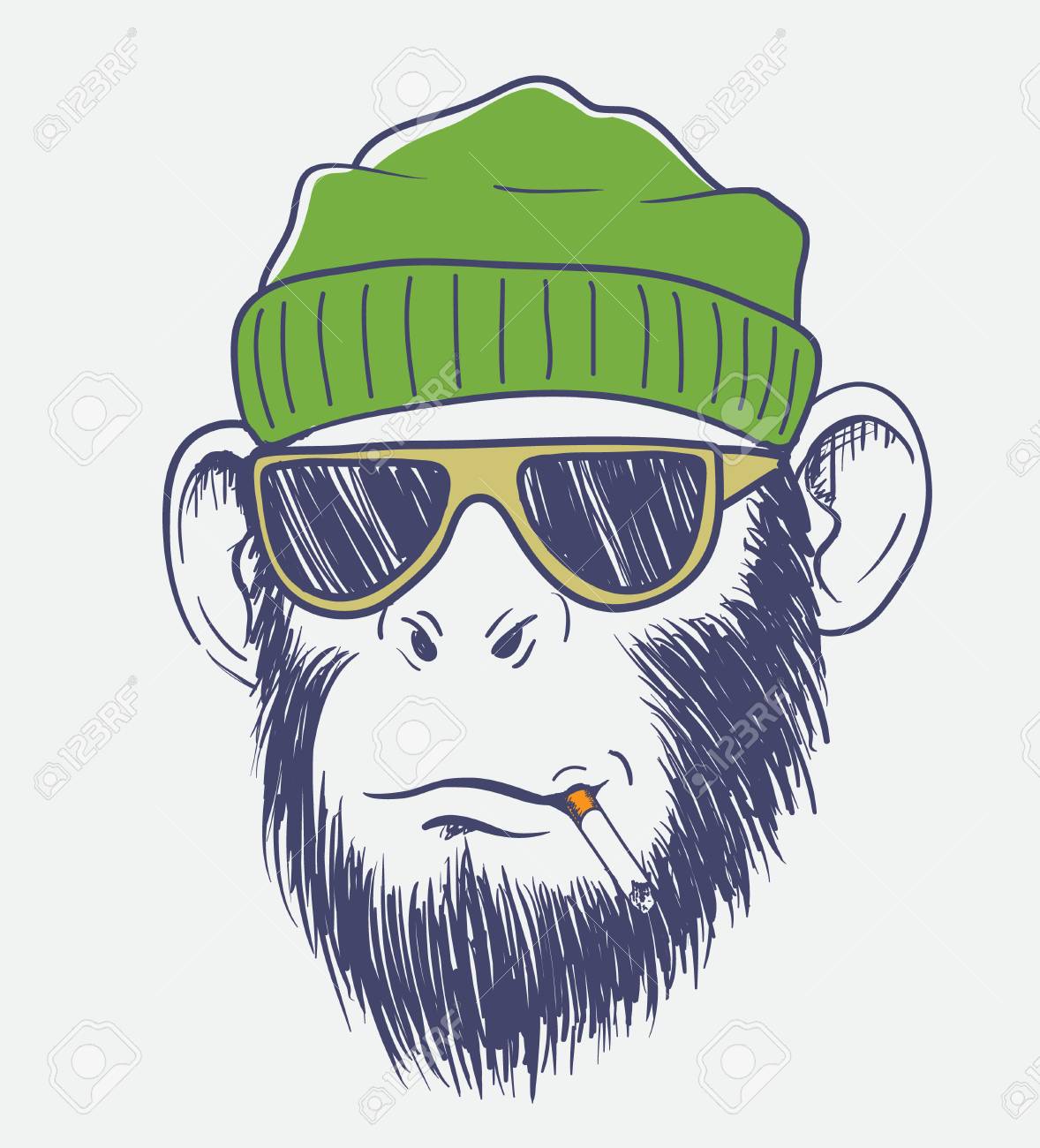 クールな猿はタバコを吸います 手描きの背景イラスト のイラスト素材 ベクタ Image