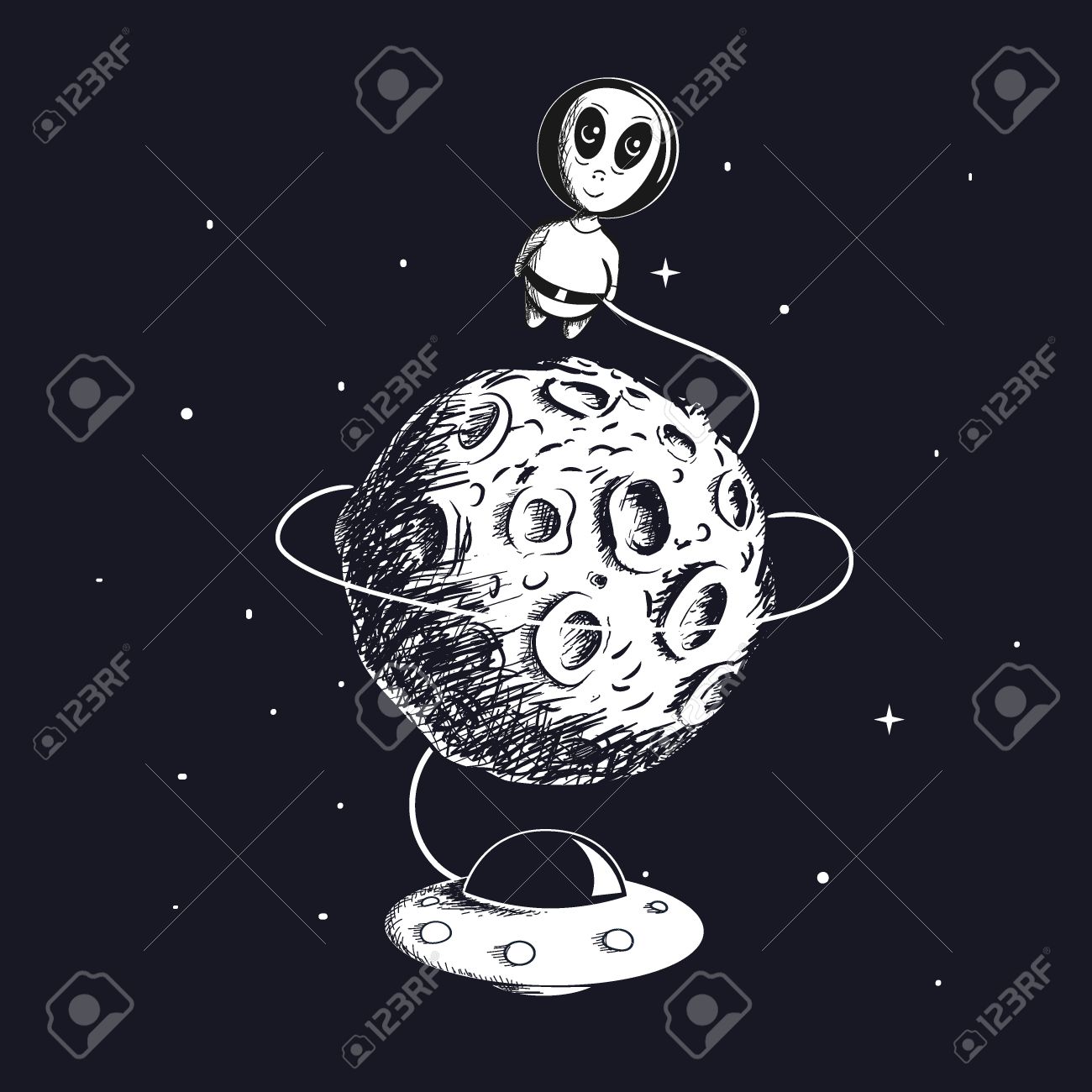 かわいい外国人宇宙飛行士 Ufo の月の周りを飛んでいます 手には 幼稚なベクトル図が描かれました 子供服や T シャツのプリント デザイン のイラスト素材 ベクタ Image