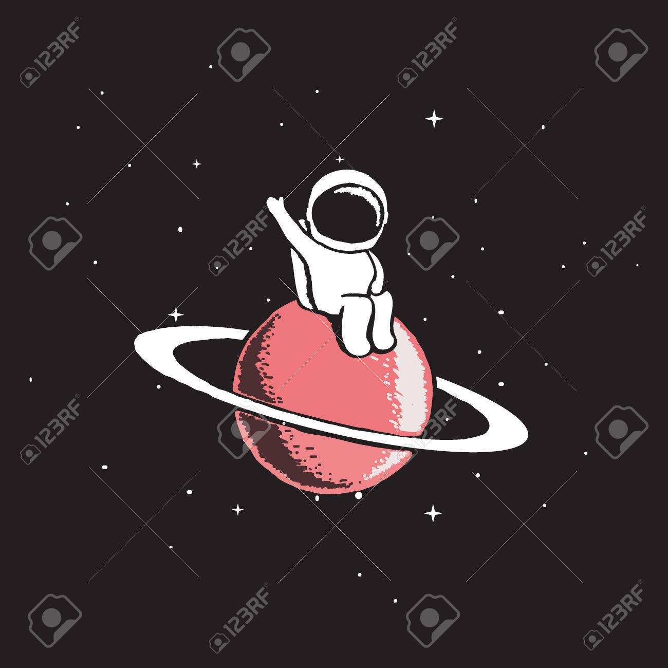 赤ん坊の宇宙飛行士は 土星に座っているし 私たちを歓迎します 宇宙文字 スペース テーマのベクター イラストです 宇宙飛行士は 新しい惑星を探検します のイラスト素材 ベクタ Image