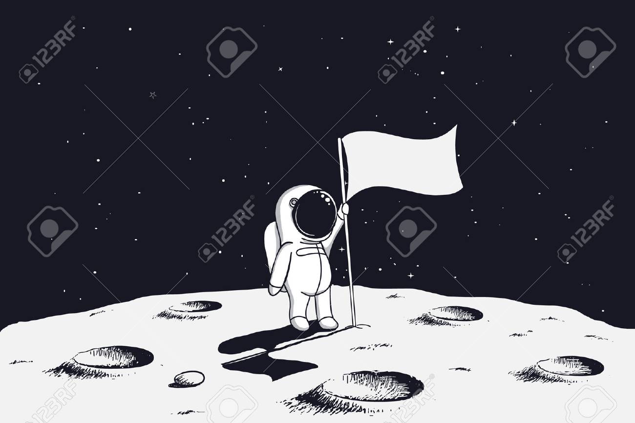 旗を持つ宇宙飛行士は月に立っている 手描きベクトルイラスト の写真素材 画像素材 Image