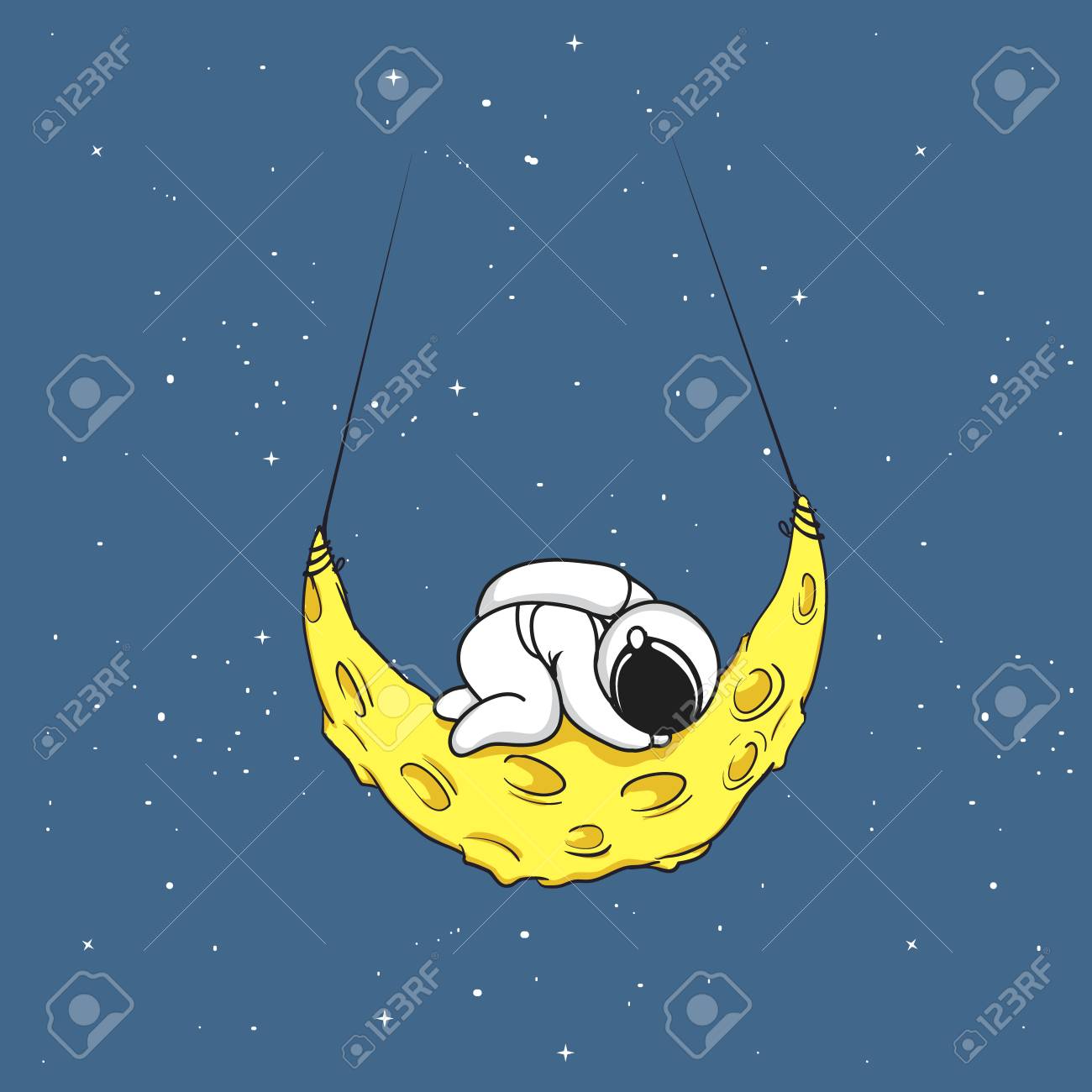 かわいい宇宙飛行士は三日月に眠ります 疲れた宇宙飛行士子供じみたベクトルイラスト のイラスト素材 ベクタ Image