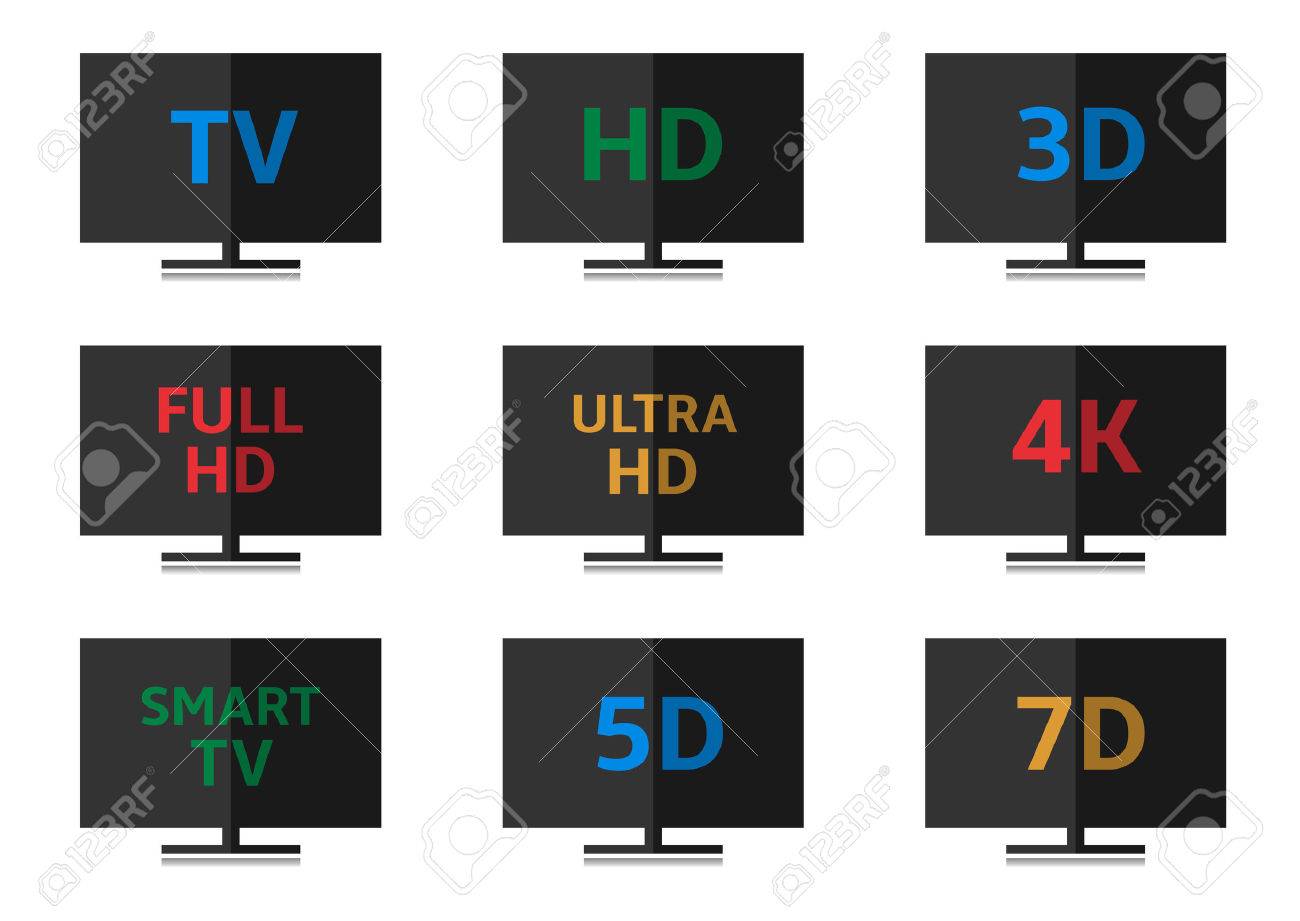 テレビのアイコンを設定します スマート テレビ 5 7 フォーマットの 3 D フル Hd ウルトラ Hd 4 Kのイラスト素材 ベクタ Image